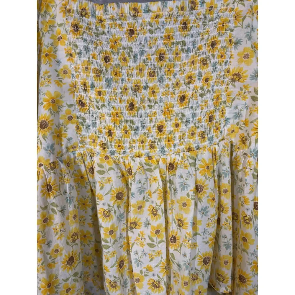 NWT Old Navy Cotton Sunflower Print‎ Babydoll Peasant Top Smocked 2X Blouse Plus